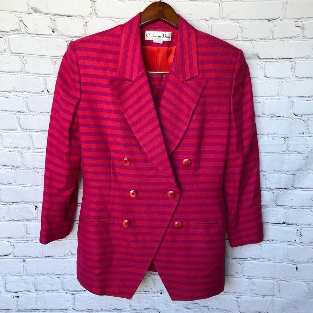 Christian Dior Vintage Pink Striped Blazer and Skirt Suit Set Size 12